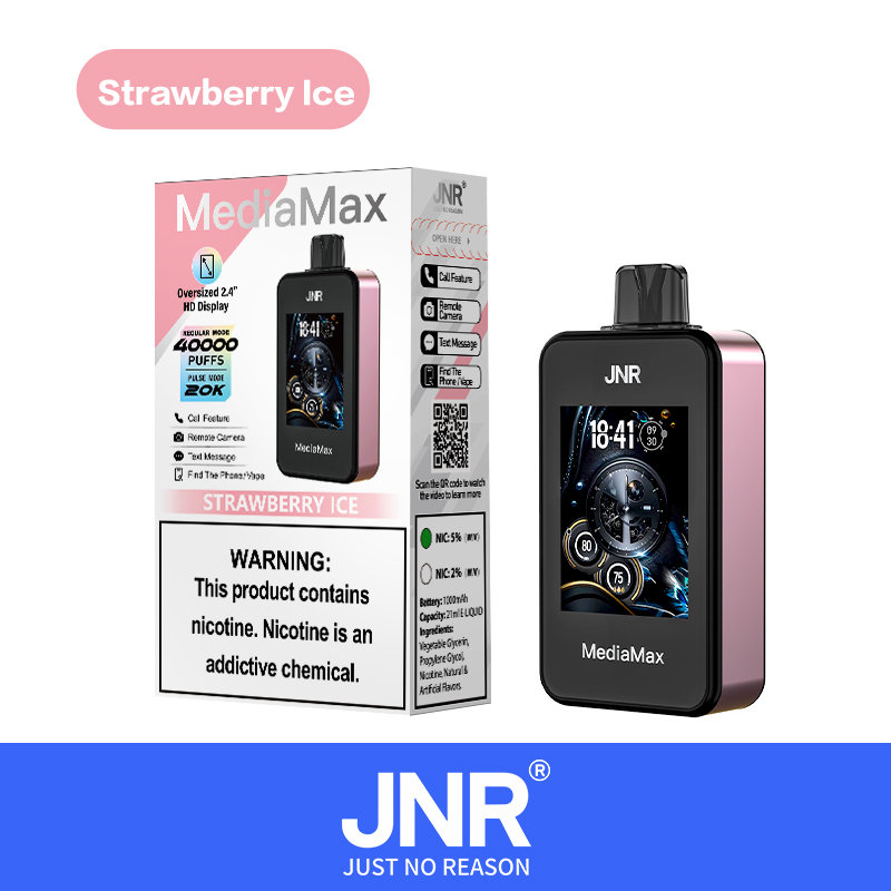 JNR MediaMax vape device in Strawberry Ice flavor, featuring a 2.4-inch HD display, 40,000 puffs capacity, and options for 5% or 2% nicotine strength.
