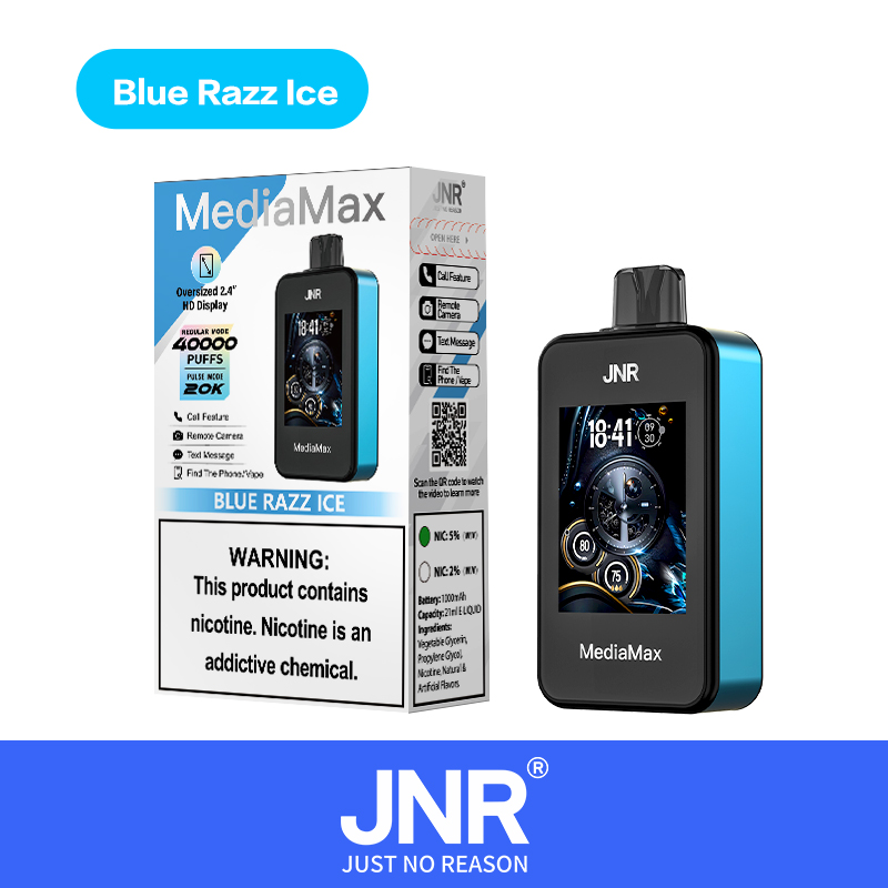 "JNR MediaMax vape device with 2.4-inch HD display and Blue Razz Ice flavor, featuring 40,000 puffs, call and remote camera features, and nicotine content warning label."