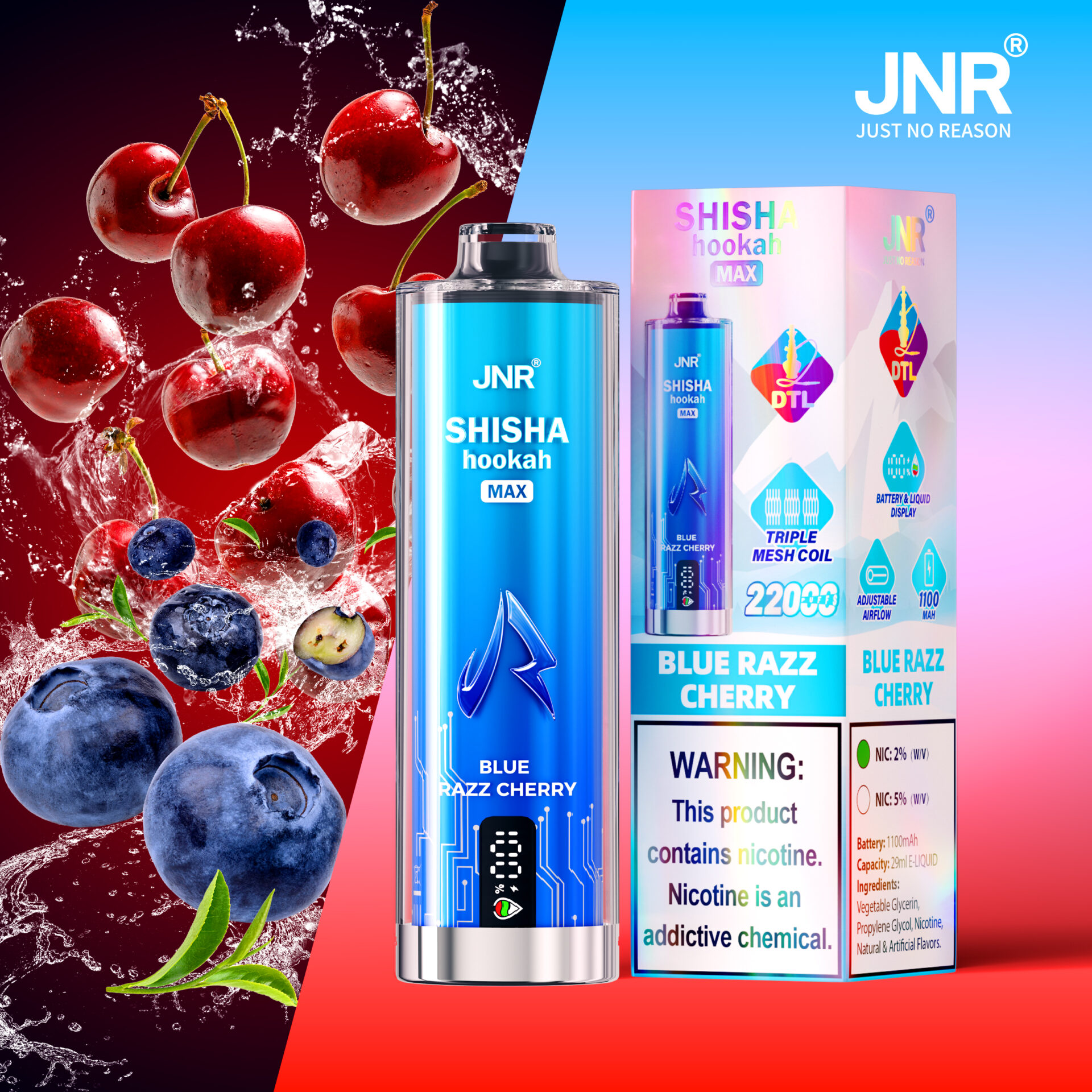 JNR Shisha Hookah Max Blue Razz Cherry vape packaging featuring a blue and silver vape device with fruit imagery of cherries and blueberries, alongside product details and a nicotine warning.