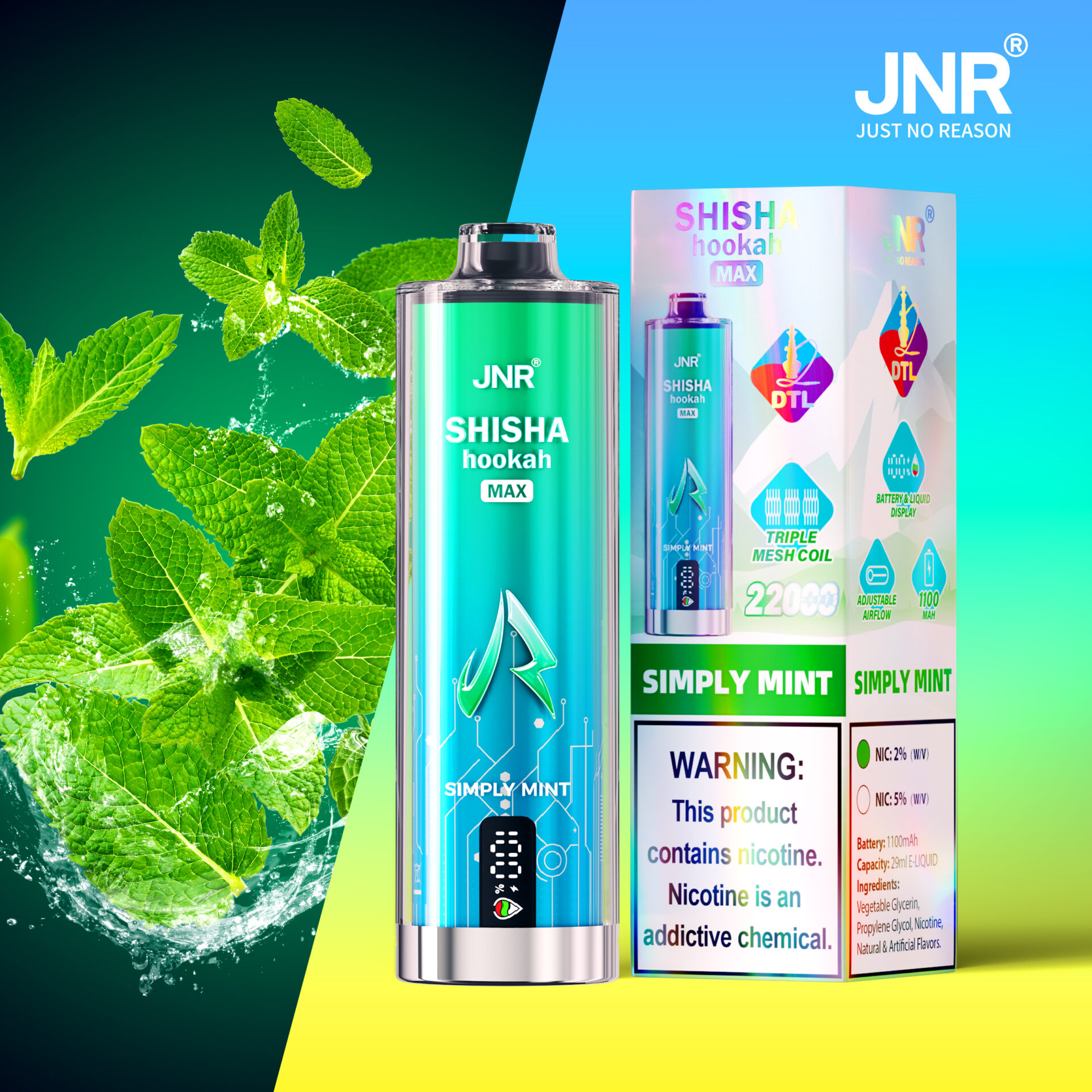 JNR Shisha Hookah Max "Simply Mint" disposable vape with mint leaves in the background, featuring a warning label about nicotine content, a 2200mAh battery, and 20mL e-liquid capacity.