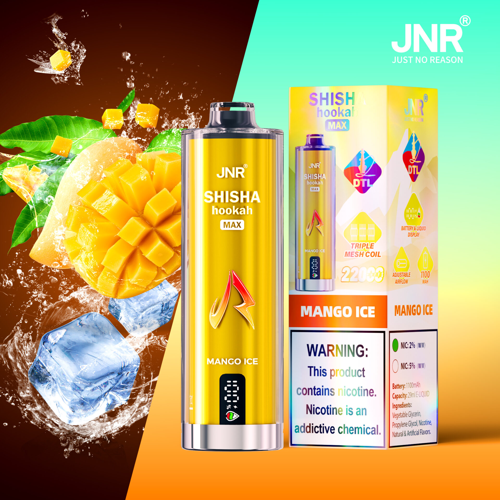 JNR Shisha Hookah Max Mango Ice disposable vape with mango slices and ice cube visuals, featuring product details like nicotine content, battery capacity, and a warning label about nicotine.