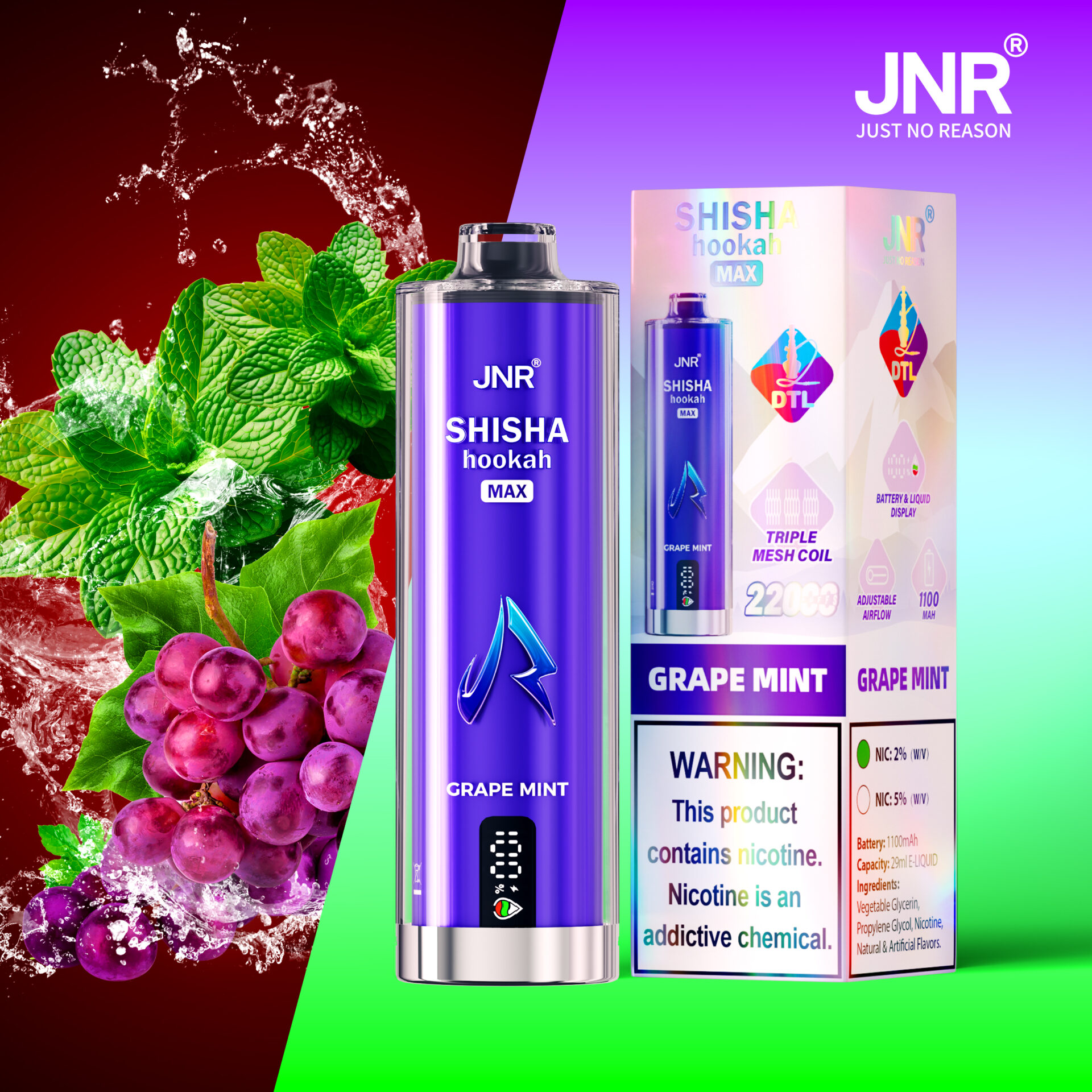 JNR Shisha Hookah Max Grape Mint disposable vape with 22,000 puffs, triple mesh coil, adjustable airflow, and battery display. Warning label states nicotine is an addictive chemical. Purple device shown with packaging and grape mint flavor imagery.