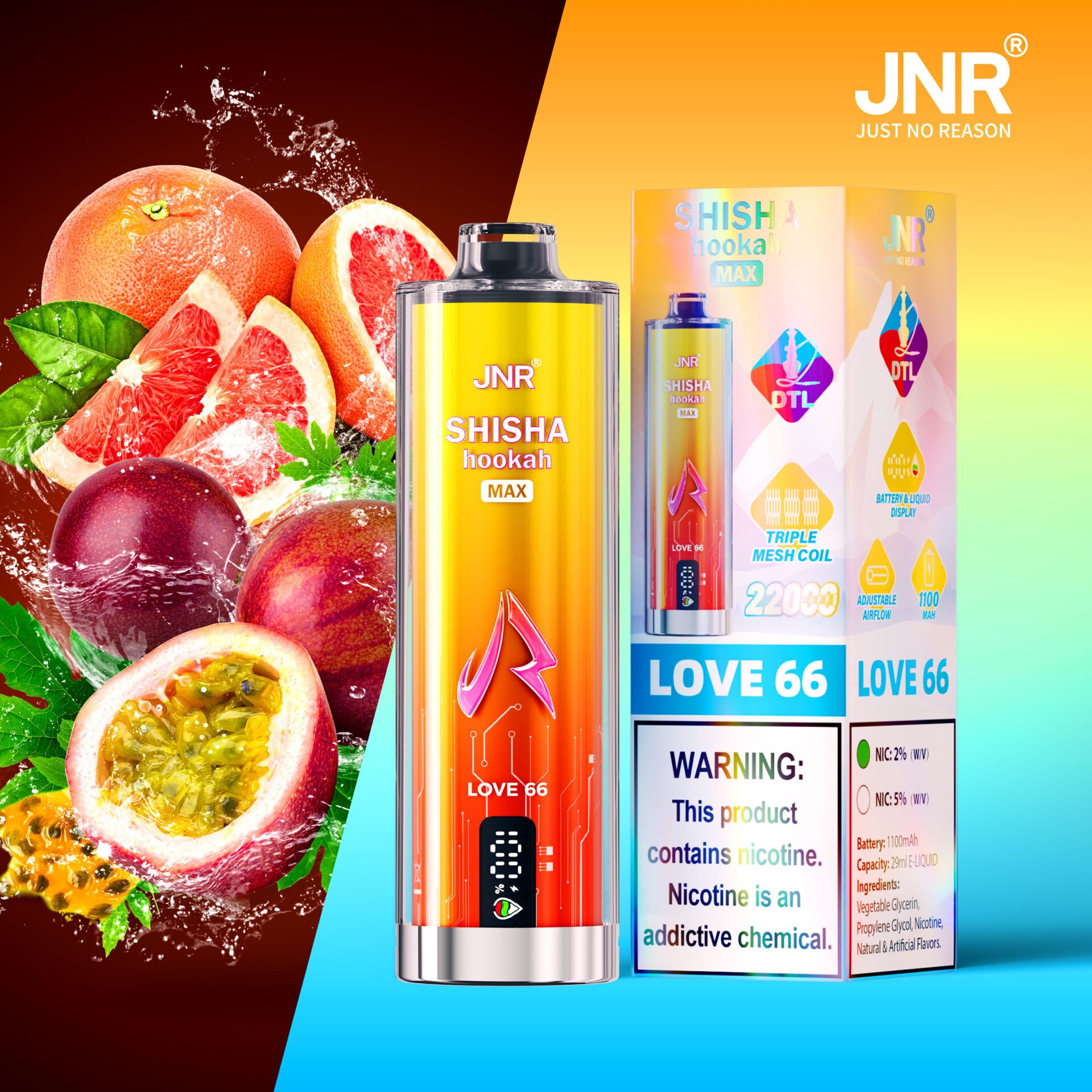 JNR Shisha Hookah Max vape with "Love 66" flavor packaging, featuring fruit elements like grapefruit and passionfruit. Warning label indicates nicotine content.