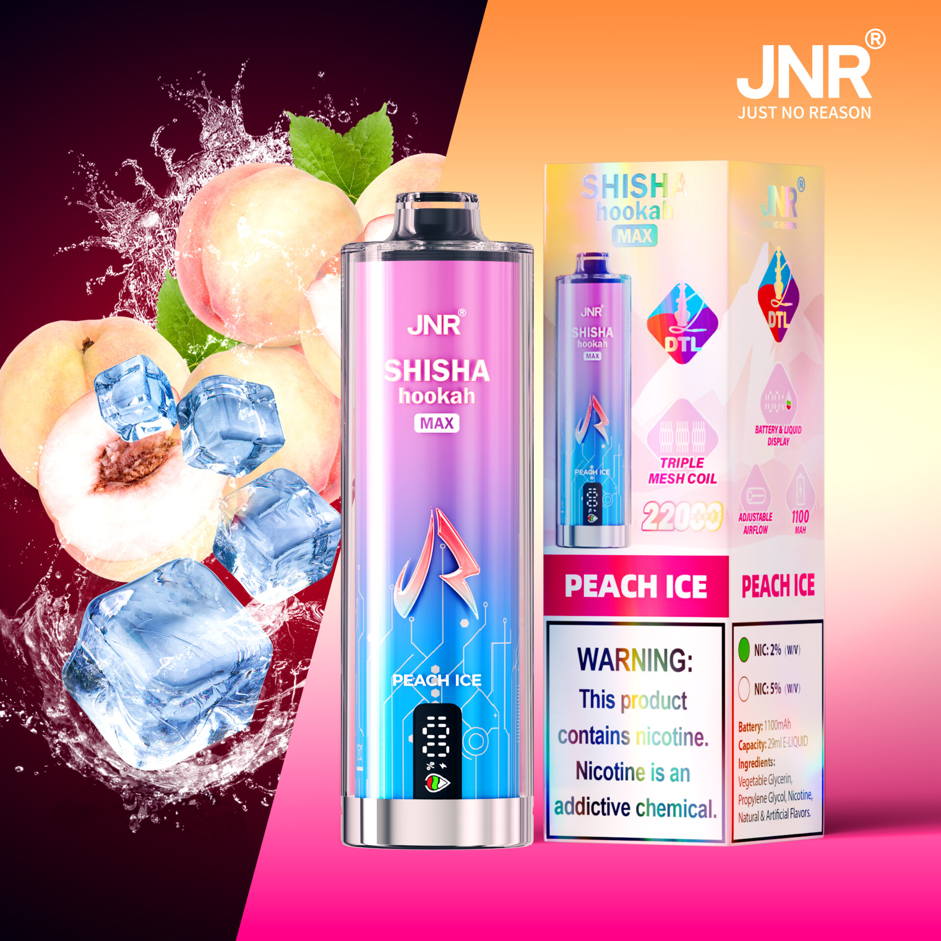 JNR Shisha Hookah Max Peach Ice disposable vape with 2200 puffs, triple mesh coil, adjustable airflow, battery and liquid display, and nicotine content warning.