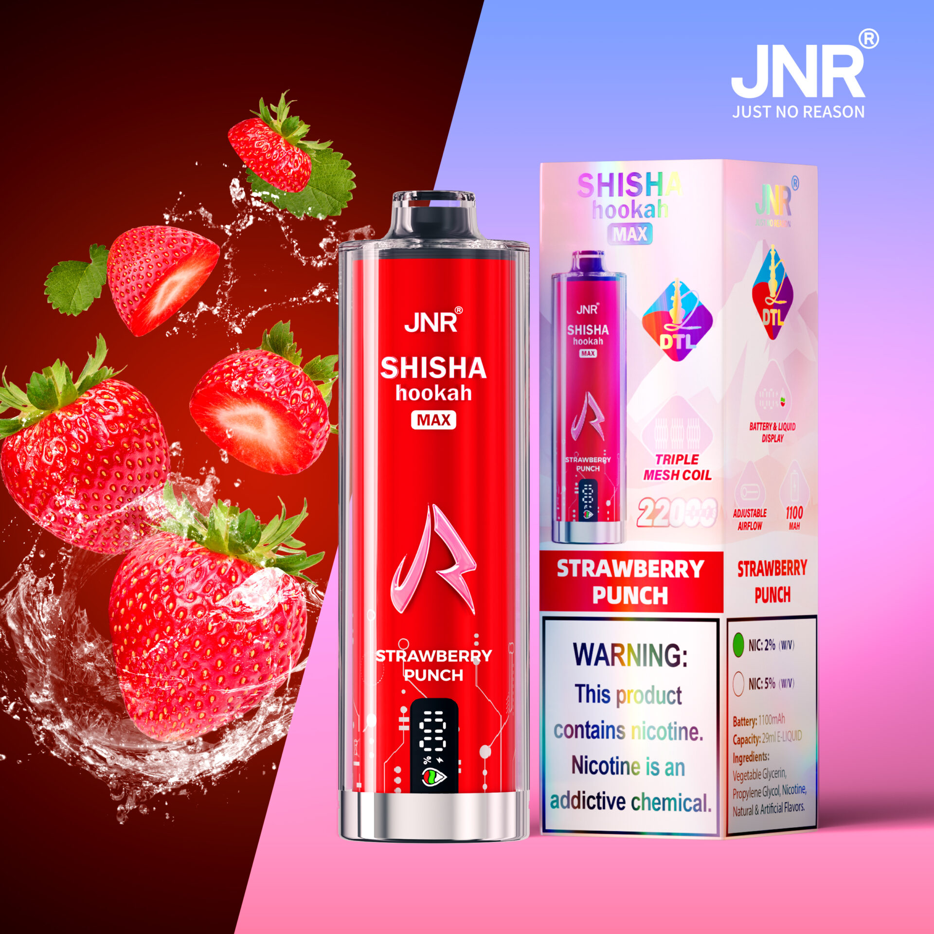 JNR Shisha Hookah Max Strawberry Punch vape, with a red body and strawberries splashing on the side, displayed alongside its packaging, which shows product details and a nicotine warning.