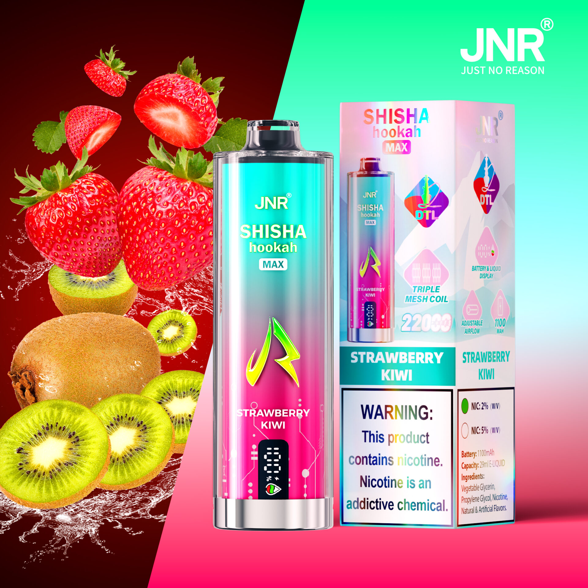 A colorful JNR Shisha Hookah Max vape device with strawberry kiwi flavor, alongside its packaging displaying product features and a nicotine warning label. In the background, fresh strawberries and kiwis are shown.