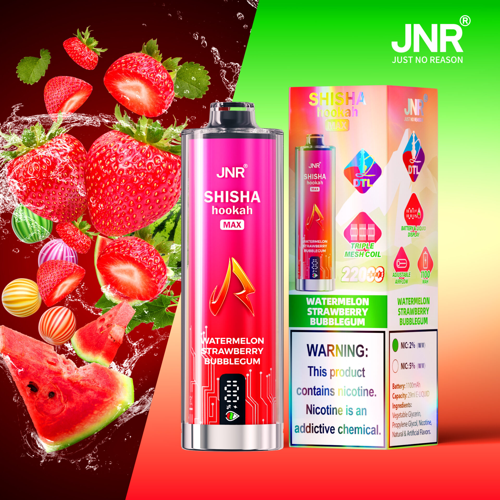 JNR Shisha Hookah Max vape device in Watermelon Strawberry Bubblegum flavor with colorful packaging featuring strawberries, watermelon, and candy. Warning label indicates nicotine content and addictive properties.