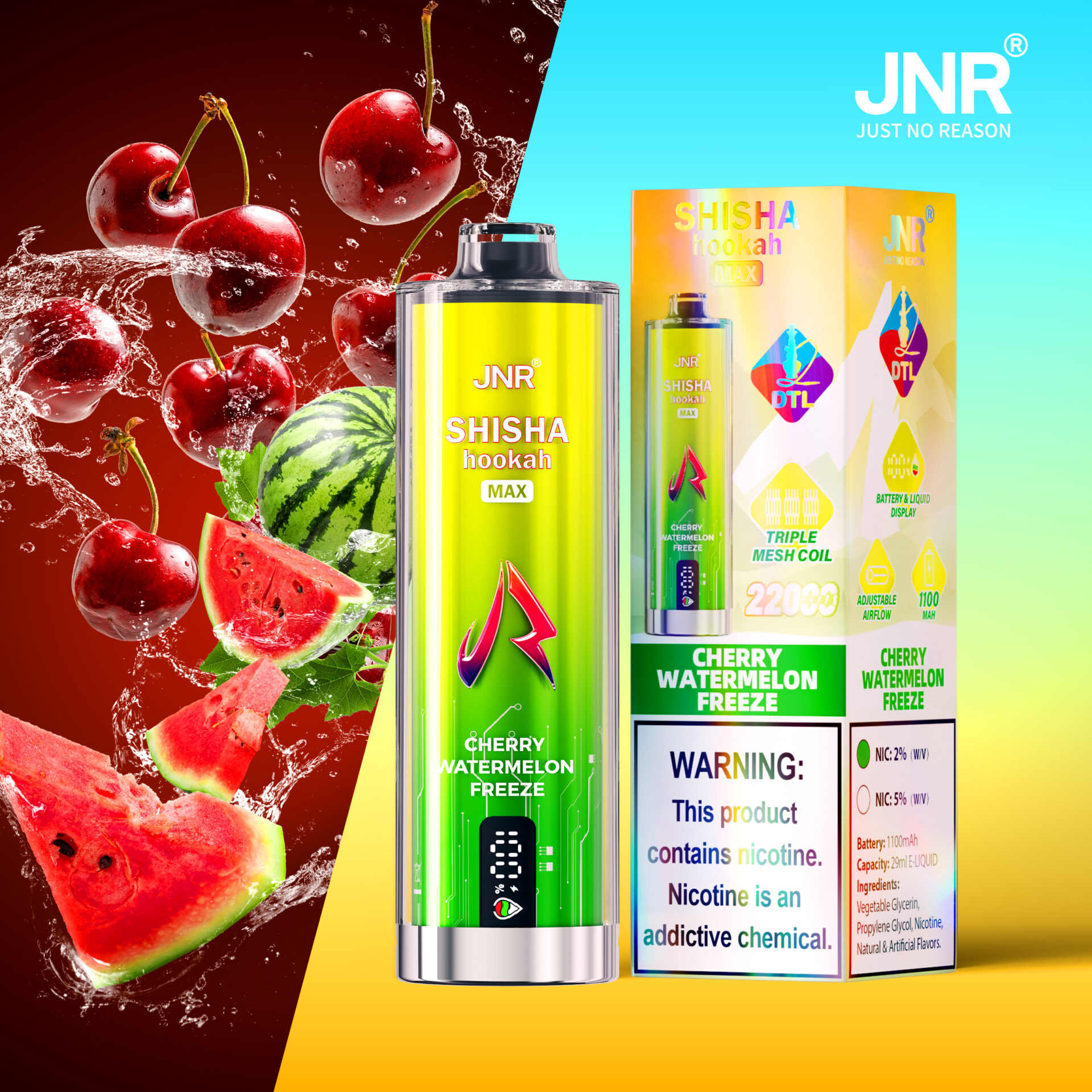 JNR Shisha Hookah Max disposable vape in "Cherry Watermelon Freeze" flavor, featuring vibrant cherries and watermelon slices. Packaging highlights 2200 puffs, triple mesh coil, adjustable airflow, and a nicotine warning label.