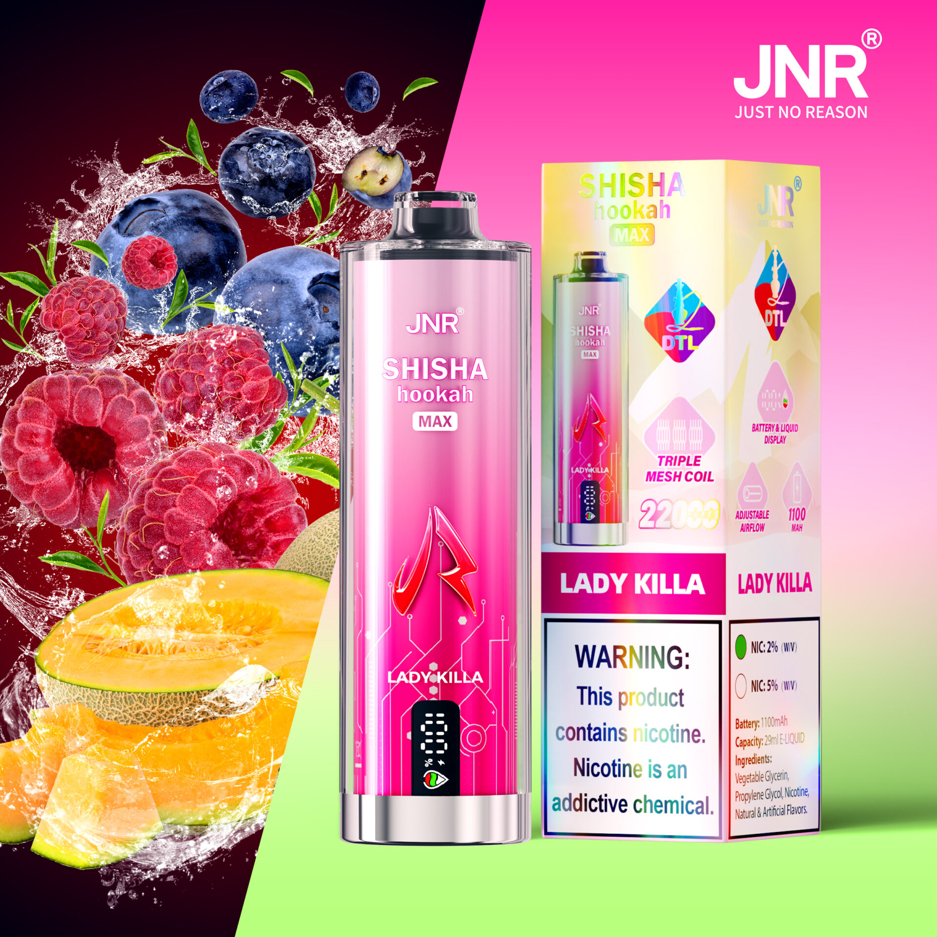 JNR Shisha Hookah Max "Lady Killa" vape with vibrant packaging, featuring a pink design, triple mesh coil, 2200 puffs, and 1100mAh battery. Background shows splashing blueberries, raspberries, and melon. Warning label states the product contains nicotine.