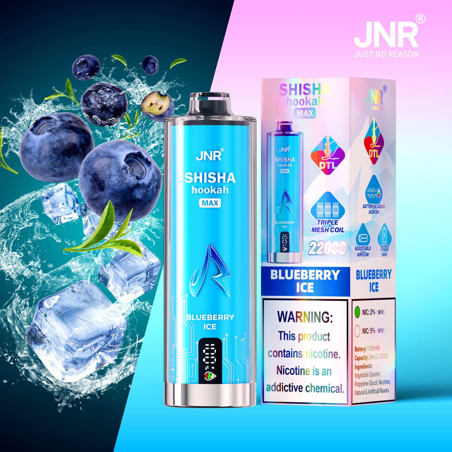 Blueberry Ice flavored JNR Shisha Hookah Max disposable vape with product packaging, featuring blueberries, ice cubes, and splash design. Warning label states nicotine content and addictiveness.