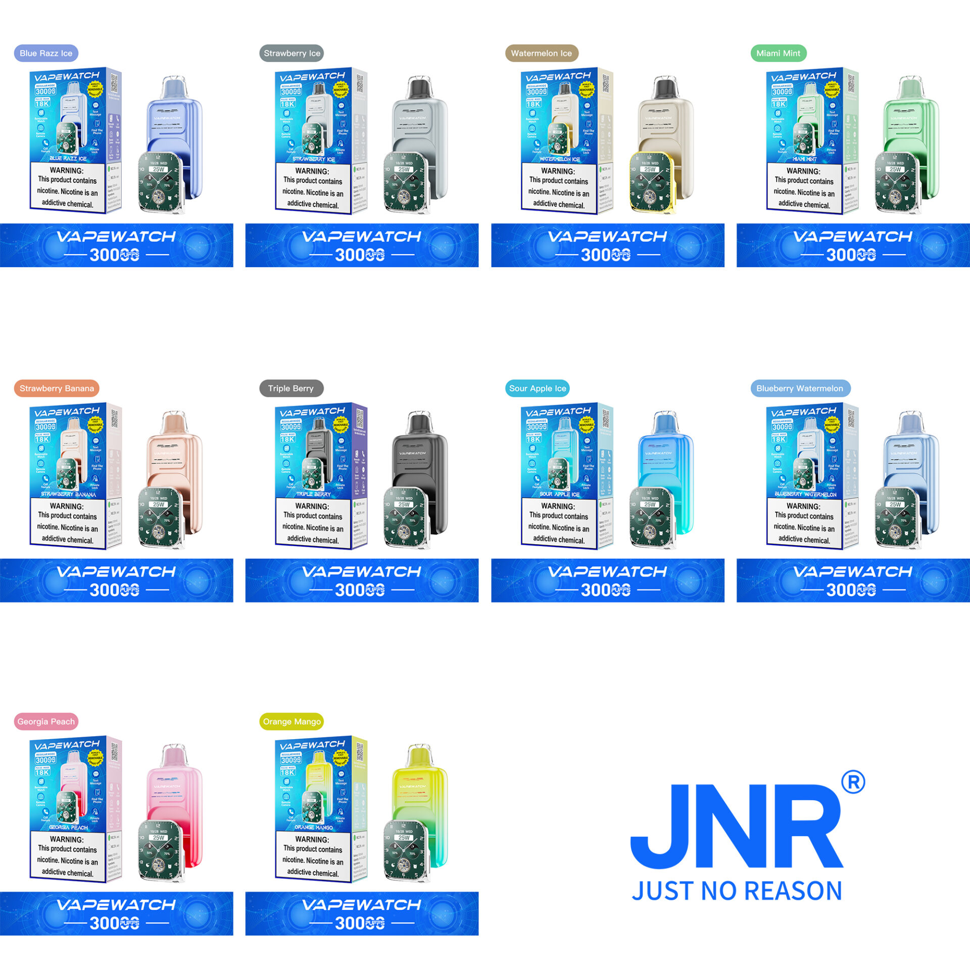 "Vapewatch 3000 disposable vape devices in various flavors: Blue Razz Ice, Strawberry Ice, Watermelon Ice, Miami Mint, Strawberry Banana, Triple Berry, Sour Apple Ice, Blueberry Watermelon, Georgia Peach, and Orange Mango, displayed alongside their packaging. The brand name 'JNR Just No Reason' is also visible."