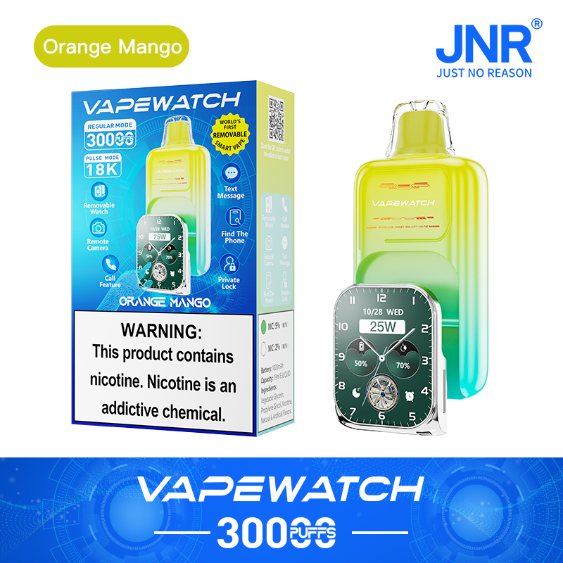 Vapewatch product packaging for an "Orange Mango" flavored disposable vape device with 3000 puffs and a removable smart watch. Includes a warning that the product contains nicotine.
