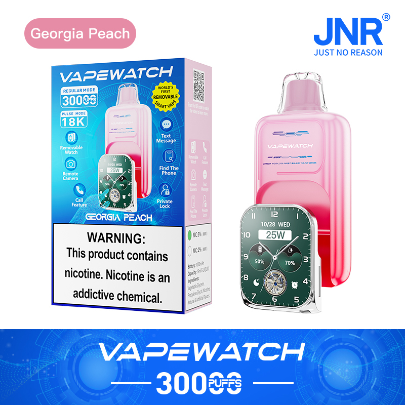 VAPEWATCH 3000 Puffs Georgia Peach flavor with a removable smartwatch, featuring 25W power, text messaging, remote camera, and private lock functions.