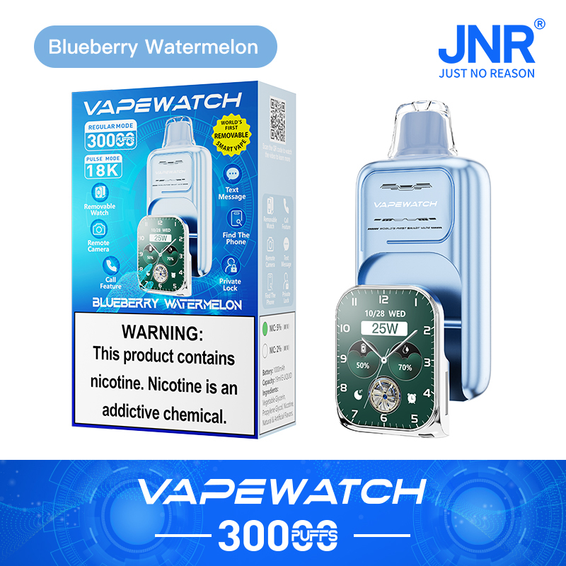 Vapewatch Blueberry Watermelon flavor box and device with 3000 puffs, featuring a removable watch display showing 25W power, and various smart functions like text message, camera, phone finder, and private lock.