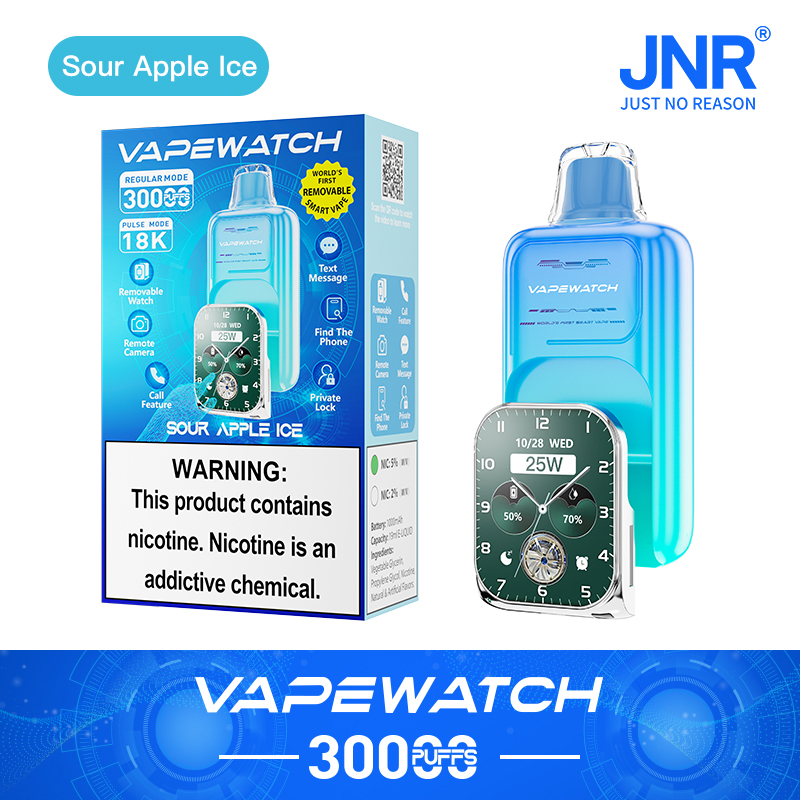 Vapewatch Sour Apple Ice with 3000 puffs, featuring a removable smart watch design, remote camera, text messaging, call feature, and private lock. Includes a nicotine warning label.