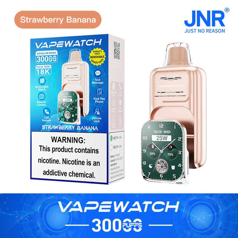 Vapewatch device with a removable smartwatch feature, 3000 puffs in strawberry banana flavor, displayed next to its packaging. The box highlights nicotine content and various features such as text messaging, remote camera, and phone finder.