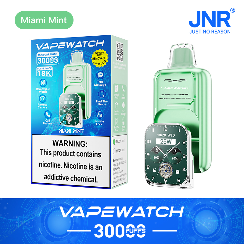 Vapewatch device in Miami Mint color, featuring a detachable smart watch and 3000 puff capacity, shown with product packaging displaying health warning and watch features like text messaging, remote camera, and private lock.