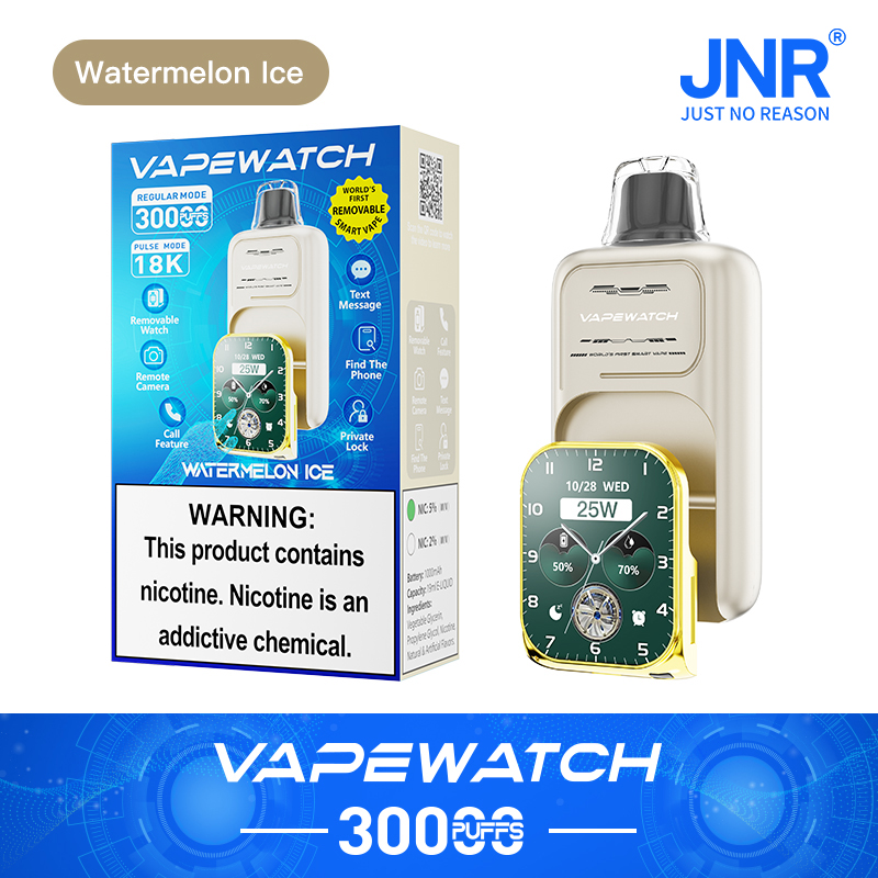 Vapewatch device packaging featuring a removable smartwatch and vape device with Watermelon Ice flavor, 3000 puffs, and nicotine warning.