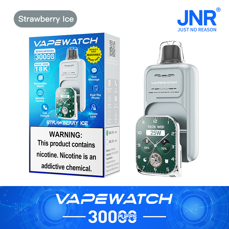 Vapewatch product packaging and device in Strawberry Ice flavor, featuring a removable smartwatch and various functions such as text messaging, camera control, and phone finder. Warning label states: "This product contains nicotine. Nicotine is an addictive chemical." 3000 puffs indicated on the packaging.