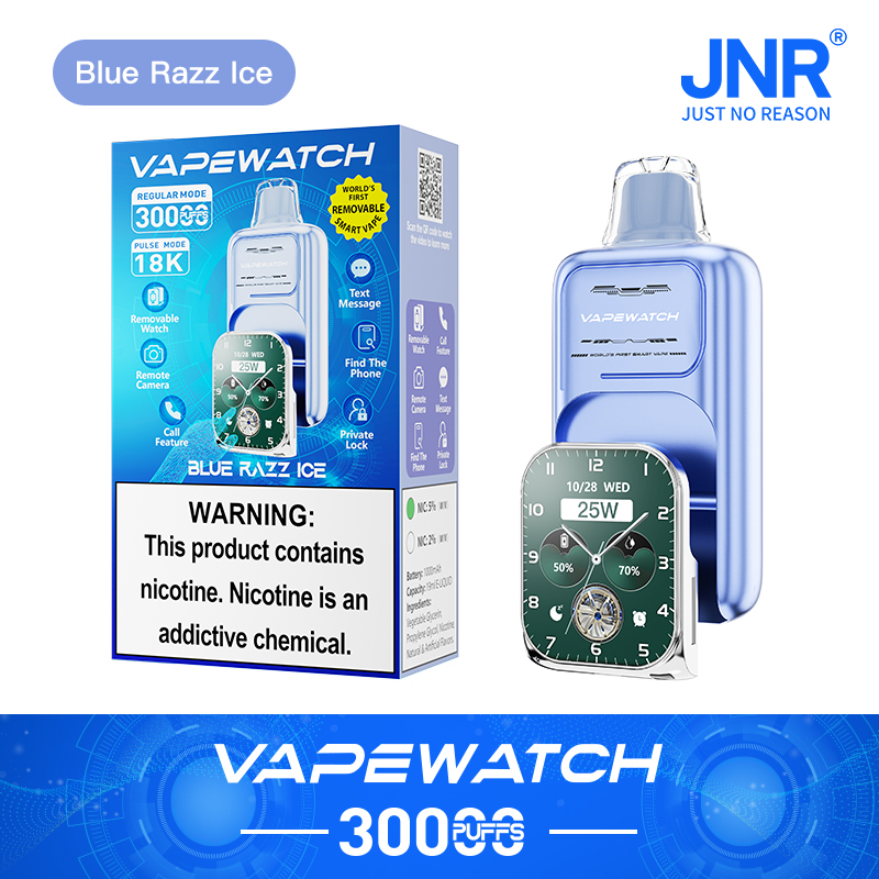 Vapewatch Blue Razz Ice 3000 puffs device with removable smartwatch, nicotine warning label, and various features like text message, call, and private lock displayed on packaging.