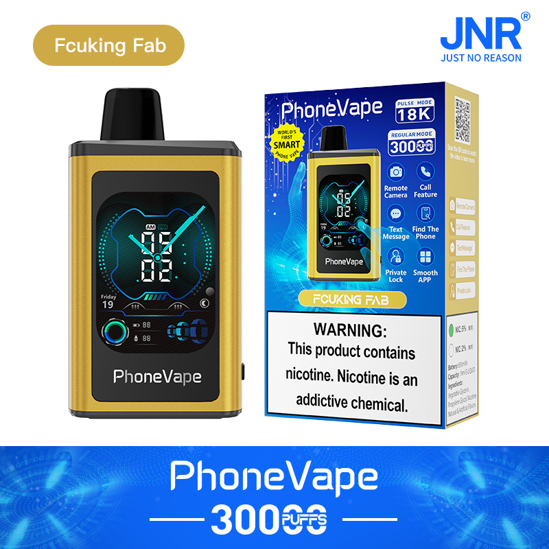 PhoneVape 3000 puffs vaping Gerät mit intelligenten Funktionen wie Fernkamera, Anruf, Textnachricht und private Sperre Funktionen. Die Verpackung warnt, dass das Produkt Nikotin enthält. Die Marke "JNR" und der Slogan "Fcuking Fab" werden angezeigt.