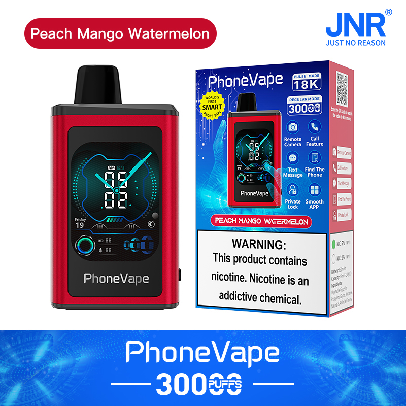 PhoneVape-Gerät mit digitaler Anzeige und schwarzem Mundstück, abgebildet vor seiner Verpackung mit der Aufschrift "Peach Mango Watermelon". Die Verpackung hebt Funktionen wie 18K Pulsmodus, 3000 Puffs, Fernkamera, Anruffunktion, Textnachrichten und mehr hervor. Warnhinweis: Enthält Nikotin.