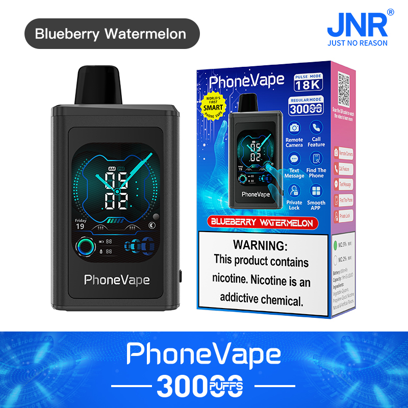 PhoneVape 3000 puffs Gerät in Blueberry Watermelon Geschmack, entworfen wie ein Smartphone mit einem digitalen Display. Die Verpackung hebt Funktionen wie Fernkamera, Anruffunktion, Textnachricht und private Sperre hervor. Eine Warnung vor Nikotinabhängigkeit wird angezeigt. Das Markenlogo JNR (Just No Reason) ist sichtbar.