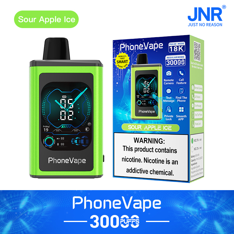 PhoneVape 3000 puffs Einweg-Dampfgerät in Sour Apple Ice Geschmack mit einer intelligenten Uhr Design, zeigt Funktionen wie Remote-Kamera, Anruf, und Text-Message-Optionen.