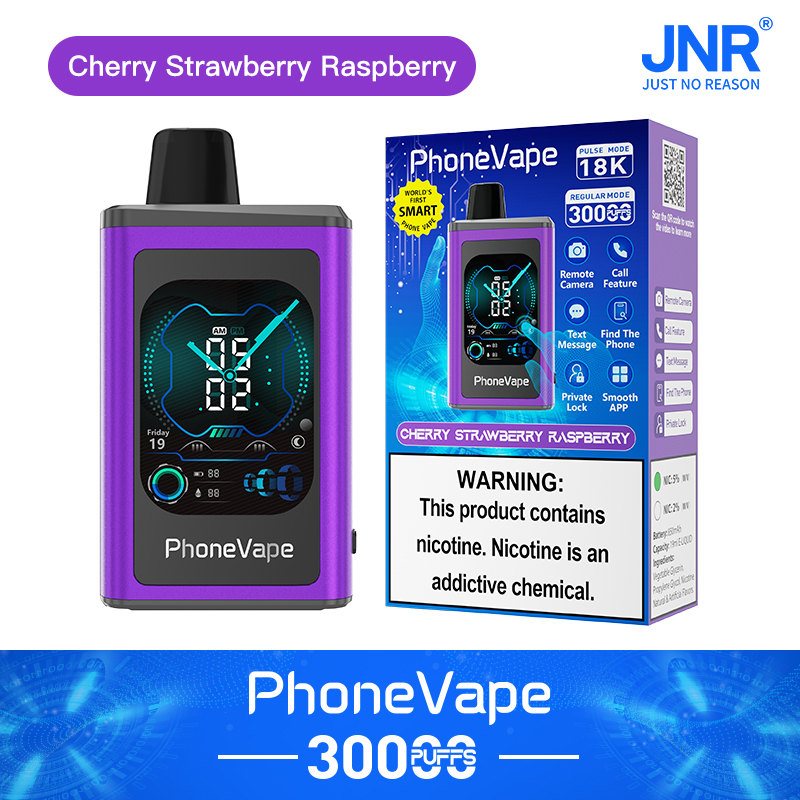 PhoneVape Einweg-Vape-Gerät mit Kirsch-Erdbeer-Himbeer-Geschmack und 3000 Zügen, mit einem intelligenten Bildschirmdesign, das einem Telefon mit verschiedenen Symbolen ähnelt, und einer Verpackung mit Gesundheitswarnungen zu Nikotin.
