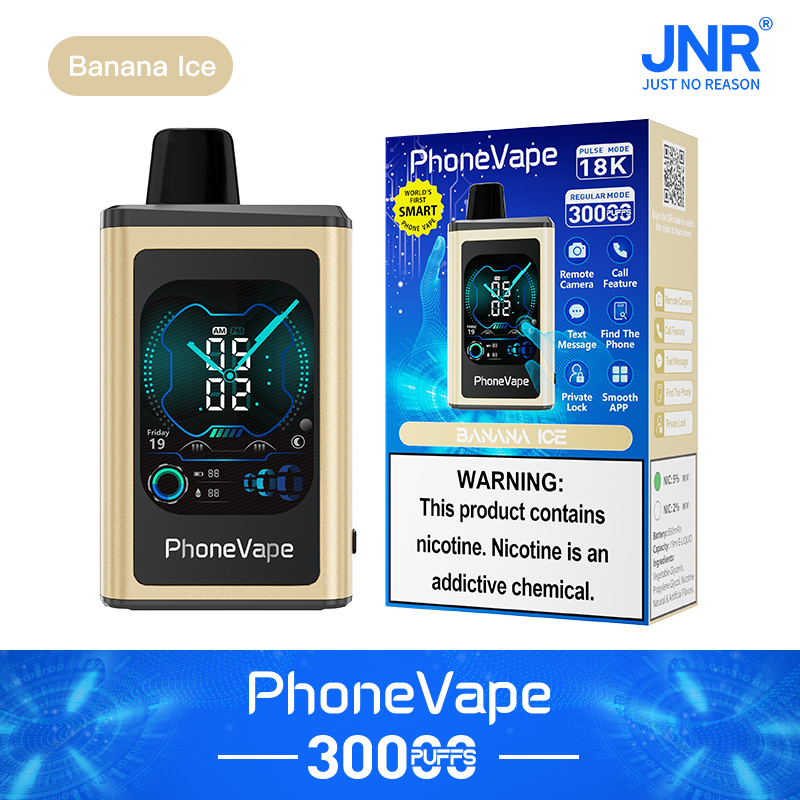 PhoneVape Banana Ice Vape-Gerät mit 3000 Puffs, mit digitaler Uhranzeige und Smartphone-ähnlicher Funktionalität, einschließlich Remote-Kamera, Anruf-, SMS- und Telefonfinderfunktionen.