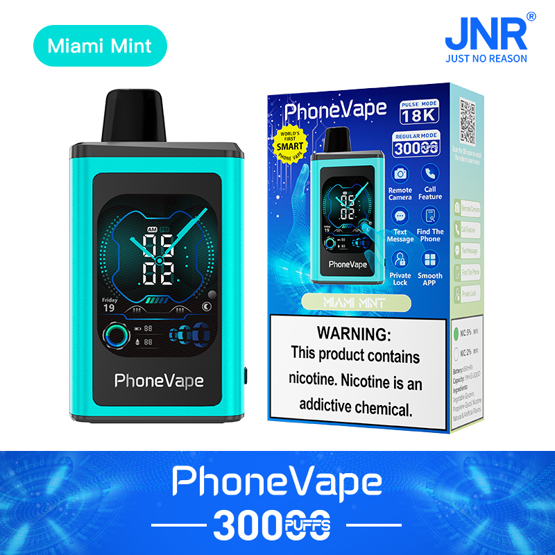 PhoneVape Miami Mint Gerät und Verpackung, mit einem Vape-Gerät mit einem digitalen Display, das einem Telefon ähnelt, und einem Branding, das 3000 Züge, intelligente Funktionen wie Fernkamera, Anruf, Textnachricht und Telefon finden anzeigt. Die Verpackung enthält einen Warnhinweis auf Nikotin.