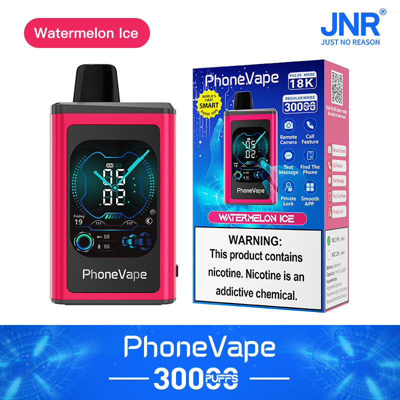 "PhoneVape Watermelon Ice flavor, 3000 puffs vape device with smartphone-like design and digital screen, showing features such as remote camera, call, and text message".