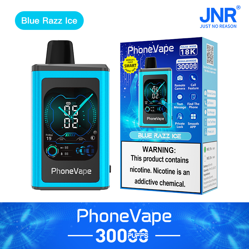 PhoneVape Blue Razz Ice Vape-Gerät mit intelligenten Funktionen wie Fernkamera, Anruffunktion und Textnachrichten, die neben der Verpackung angezeigt werden. Warnhinweis über Nikotinabhängigkeit.