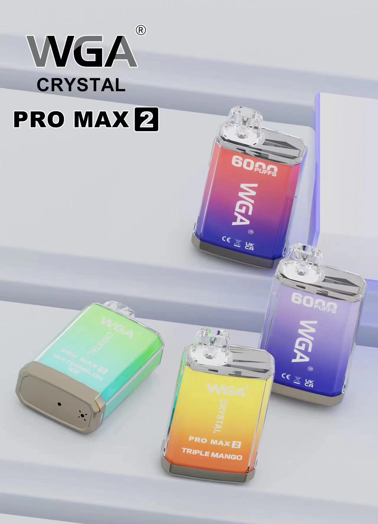 WGA Crystal Pro Max 2 vape devices in various colors, with "6000 puffs" label and flavor names such as "Watermelon" and "Triple Mango".