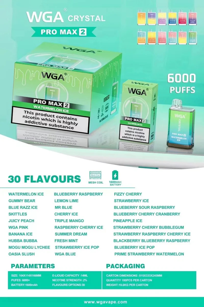 "WGA Pro Max 2 vape packaging with 6000 puffs, 30 flavor options, 1600mAh battery, and 14ml e-liquid capacity. Includes flavors like Watermelon Ice, Blue Razz Ice, Gummy Bear, and more."