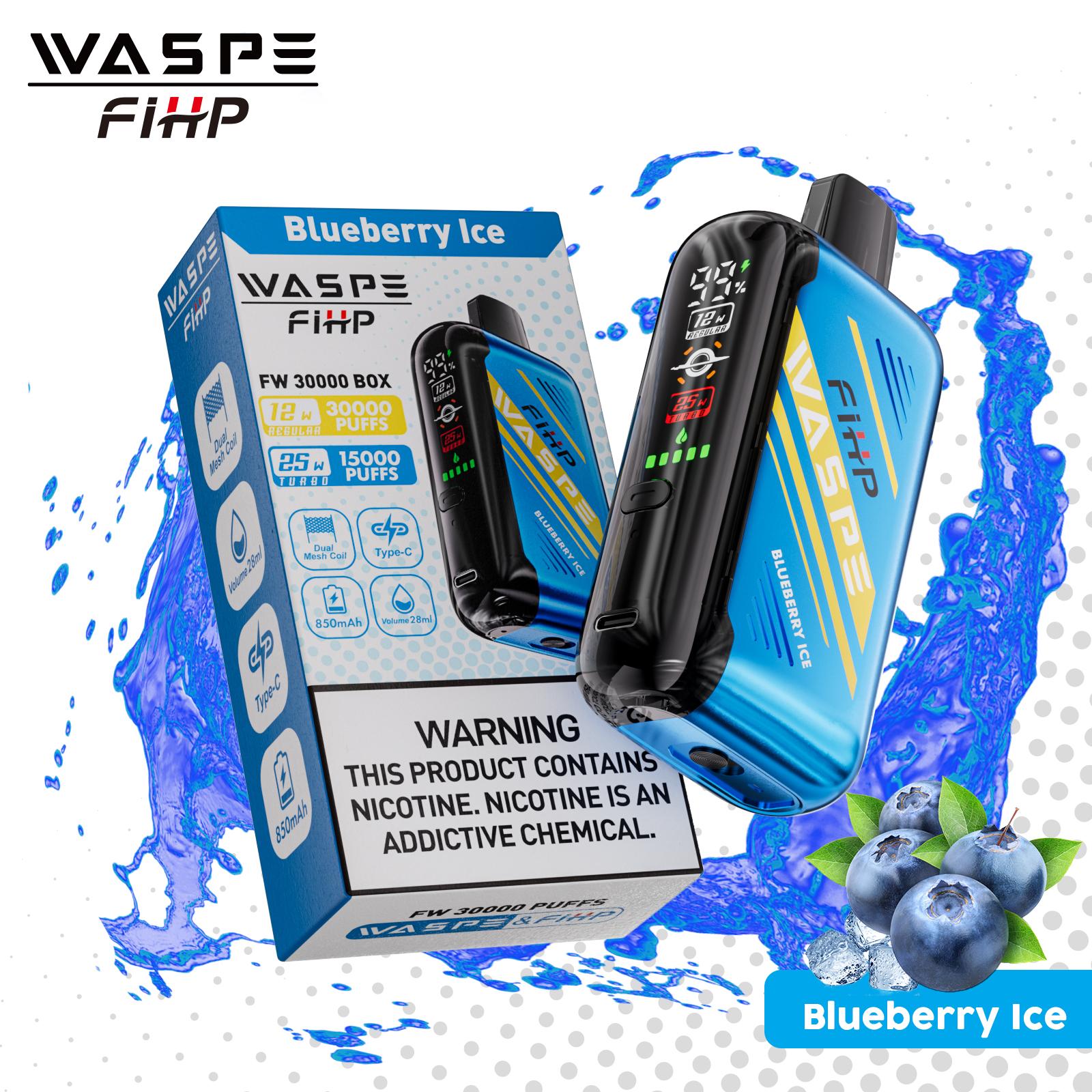 Blueberry Ice flavored WASPE FiHP disposable vape with 30,000 puffs, 850mAh battery, and warning about nicotine content on the packaging.