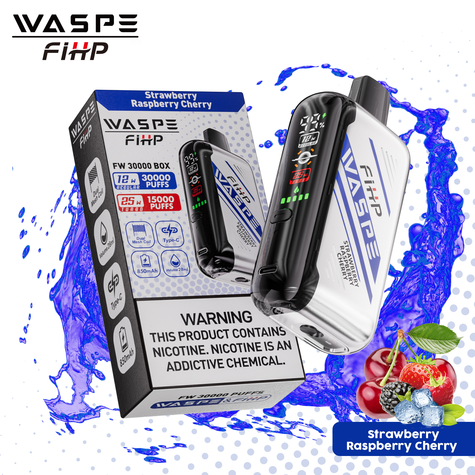 WASPE FiiHP vape device and packaging displaying "Strawberry Raspberry Cherry" flavor, 30,000 puffs capacity, 12ml regular liquid, and various device features including Type-C charging, 850mAh battery, and nicotine warning.