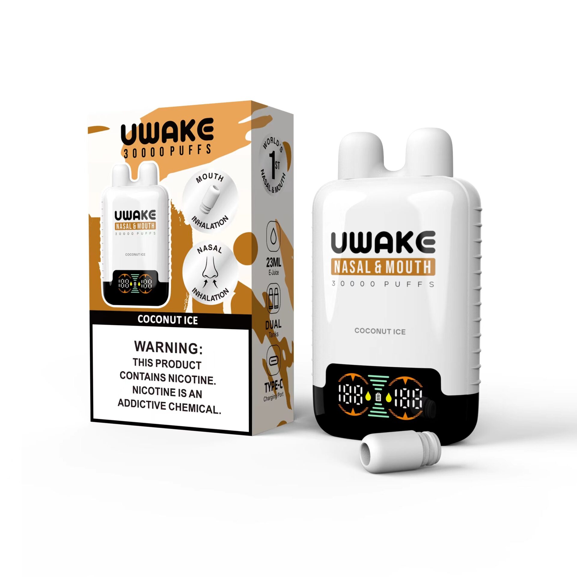 UWAKE Nasal & Mouth Coconut Ice vaping device and packaging displaying 30,000 puffs.