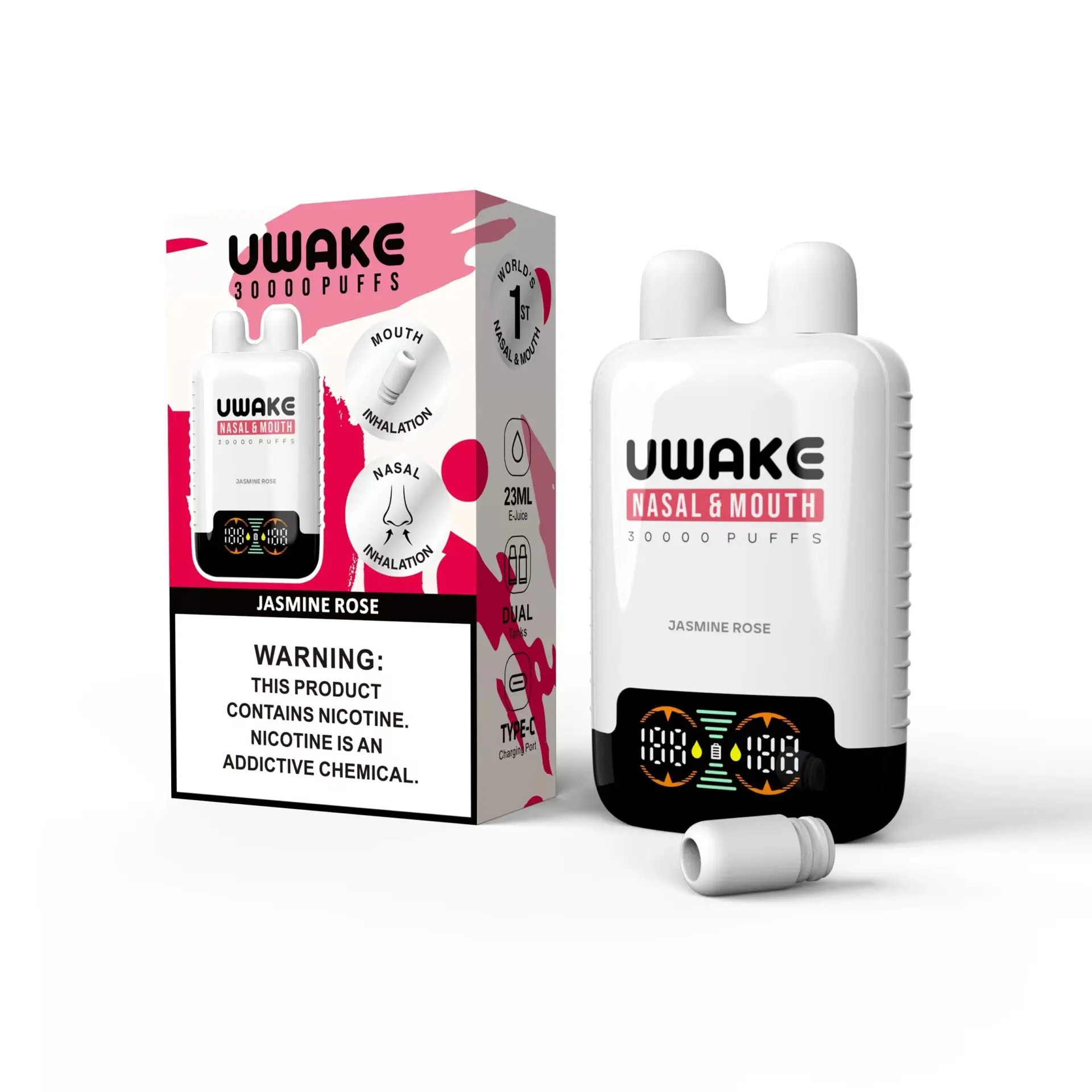 UWAKE nasal and mouth inhalation device with a "Jasmine Rose" flavor, alongside its packaging that includes a warning about nicotine.