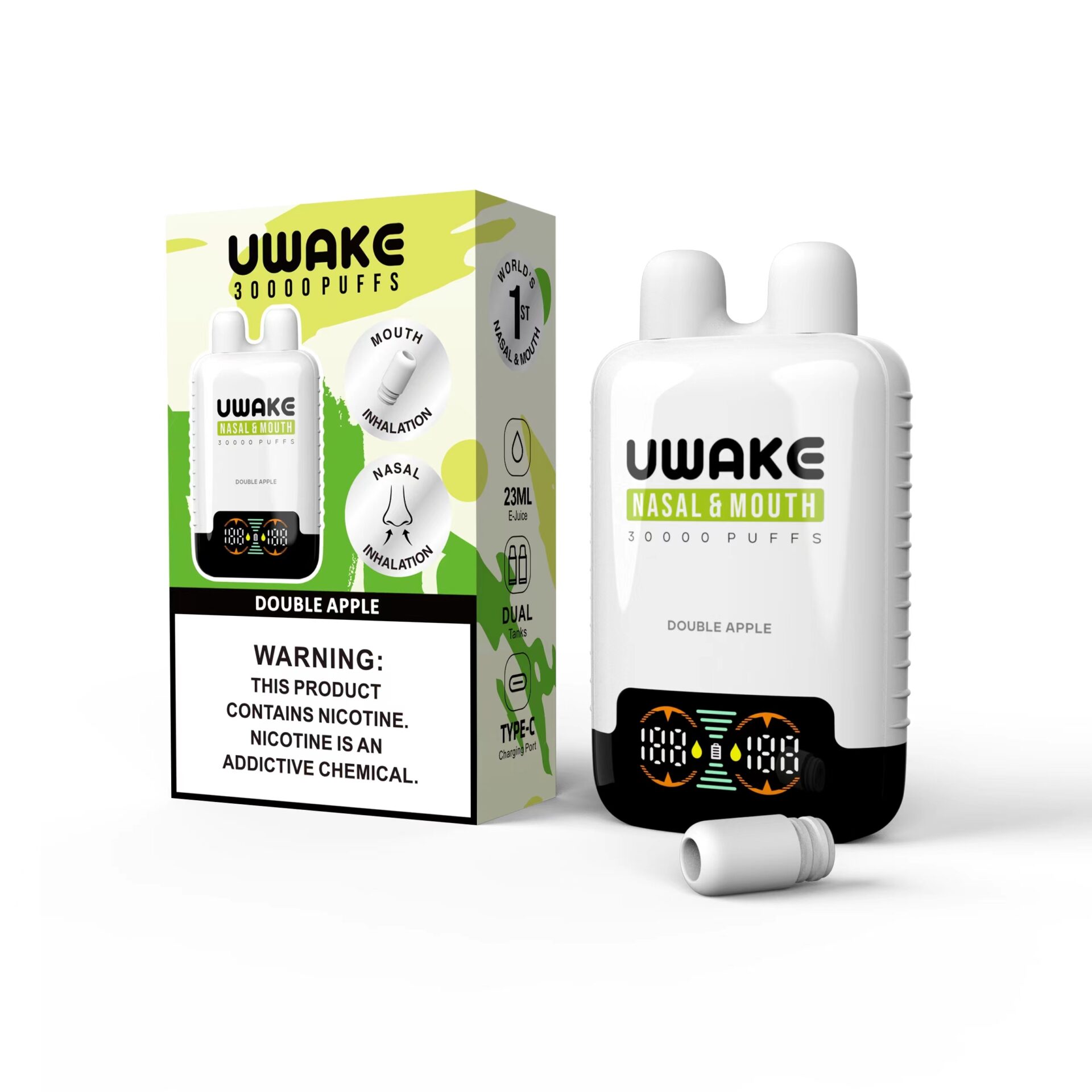 Uwake nasal and mouth inhaler device and packaging with "Double Apple" flavor. The packaging includes a warning about nicotine content and information about the product's features, including 30000 puffs, e-liquid capacity of 23ml, and a Type-C charging port.