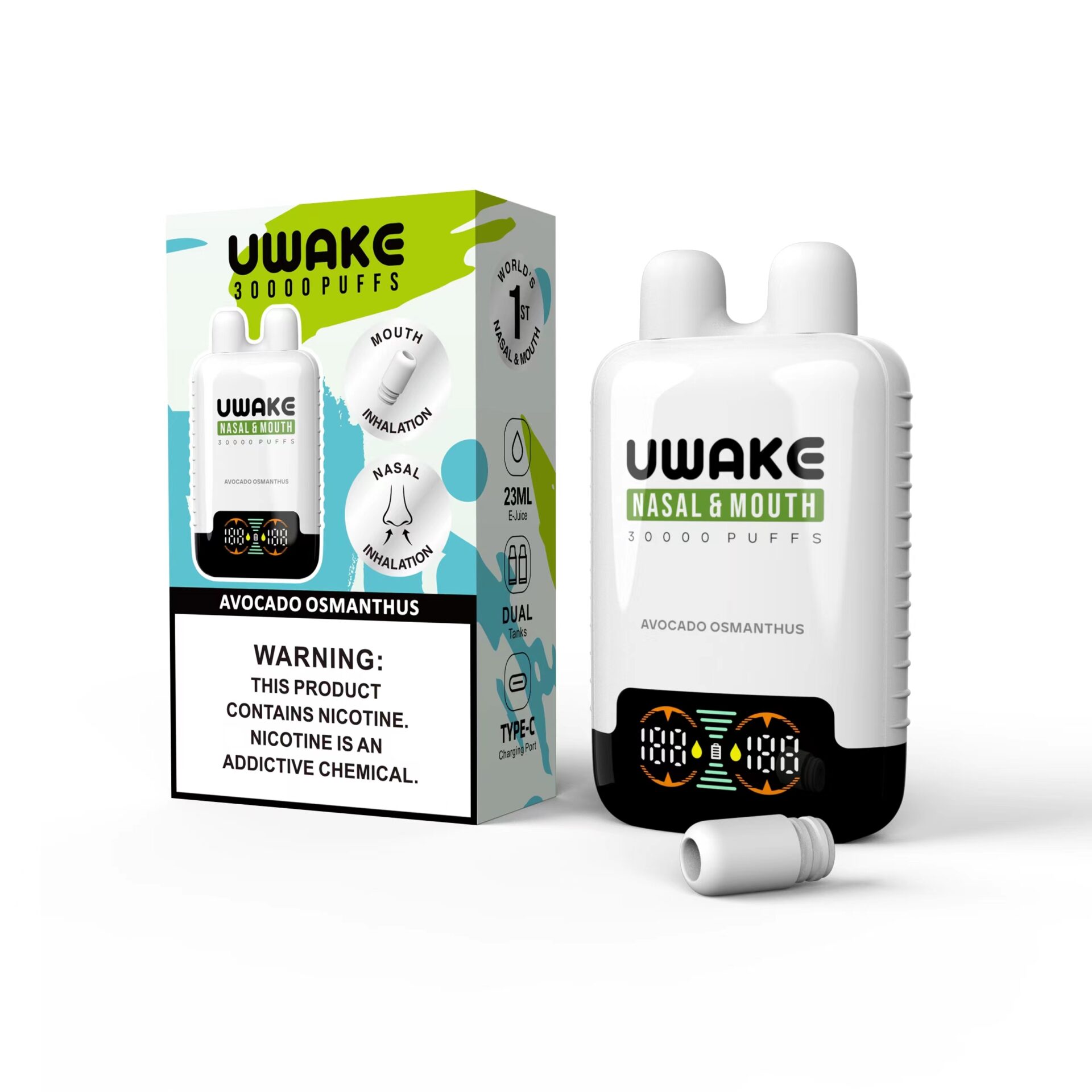 UWAKE nasal and mouth inhaler device with 30,000 puffs, displayed alongside its packaging. The flavor is "Avocado Osmanthus," and the product includes a nicotine warning.