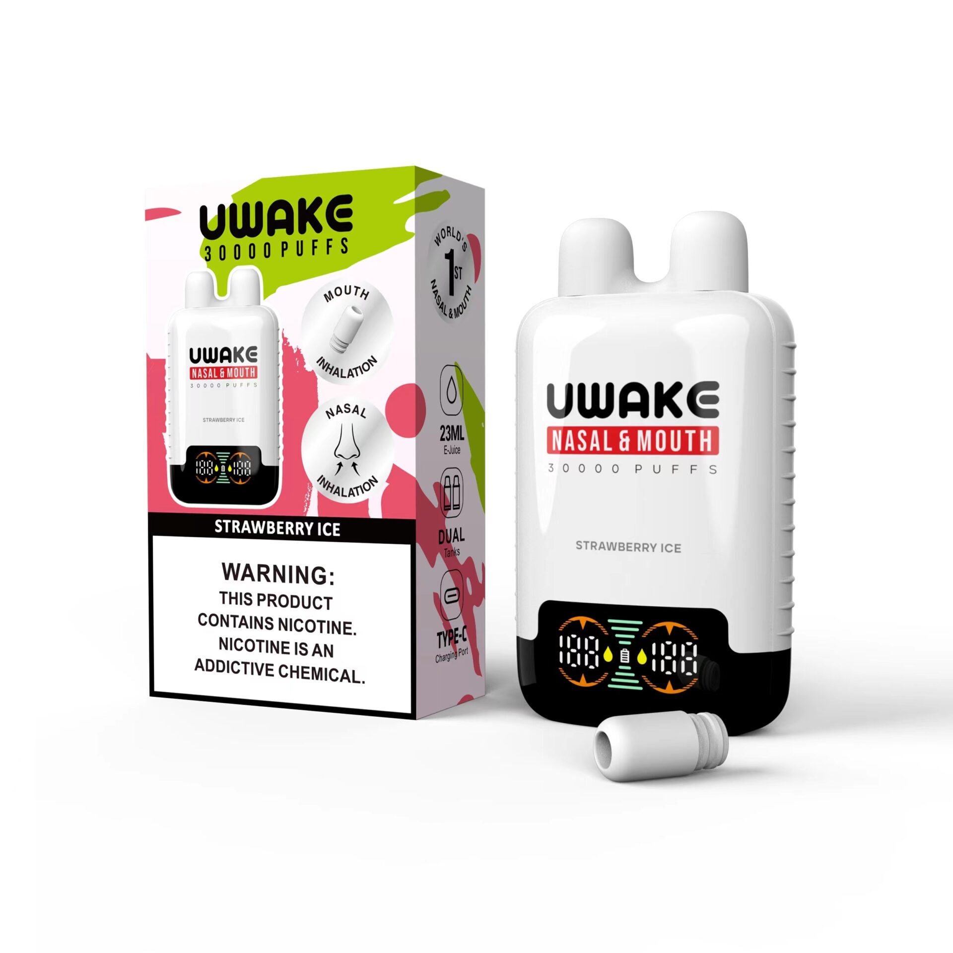 UWAKE 30000 puffs nasal and mouth inhaler in strawberry ice flavor, with packaging displaying product and health warning.