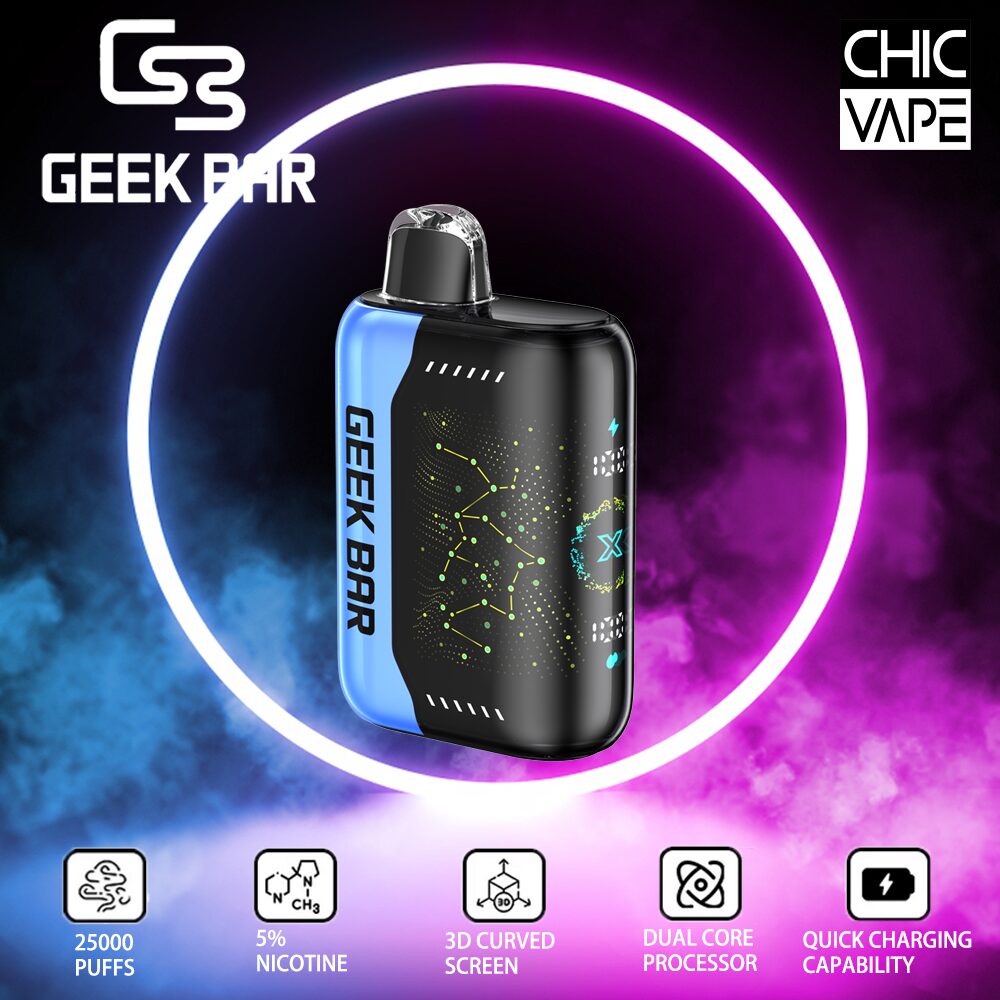 Geek Bar vape device with 3D curved screen and dual core processor displayed against a glowing, circular background. Features listed: 25000 puffs, 5% nicotine, quick charging capability.