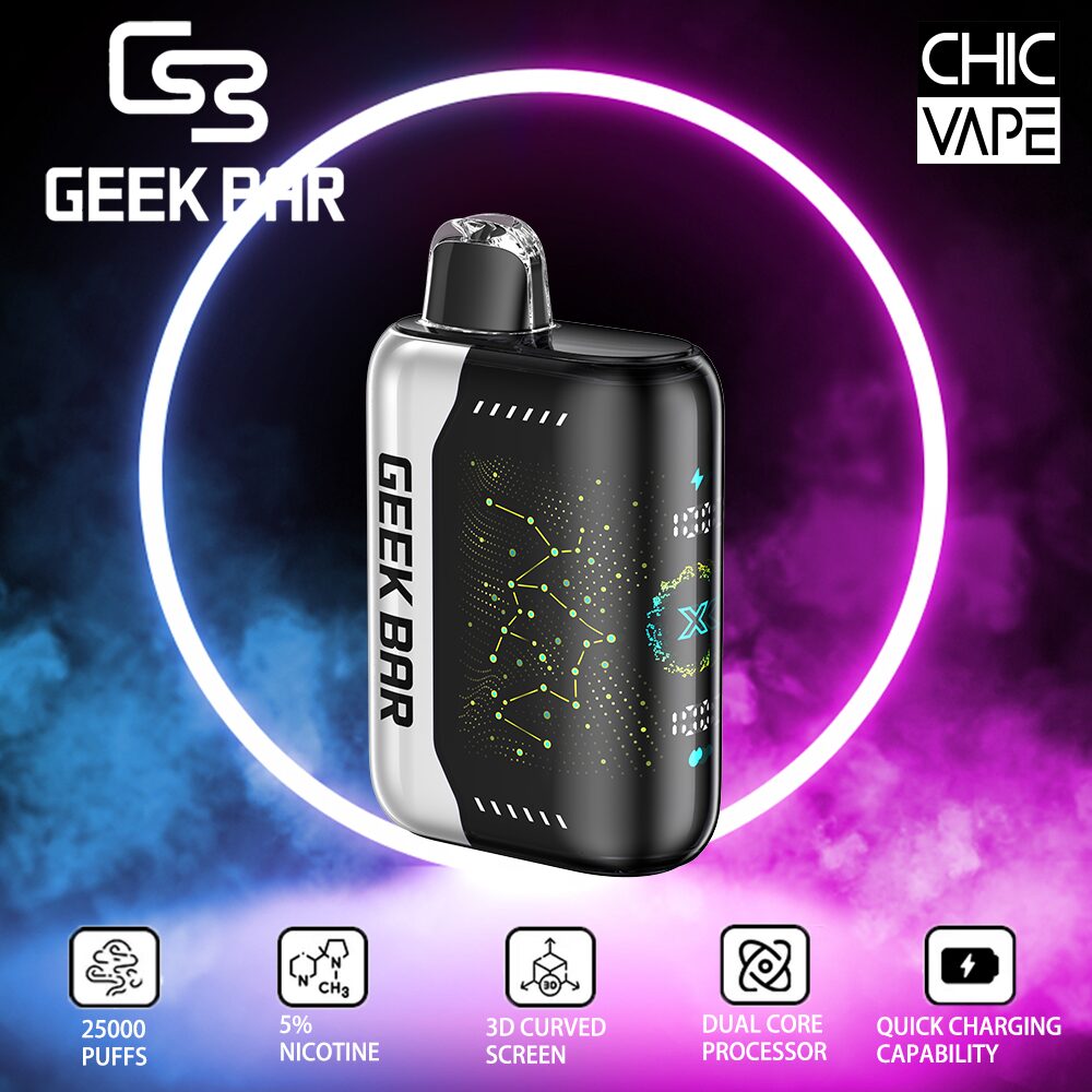Geek Bar vape device with 25000 puffs, featuring 5% nicotine, 3D curved screen, dual core processor, and quick charging capability.