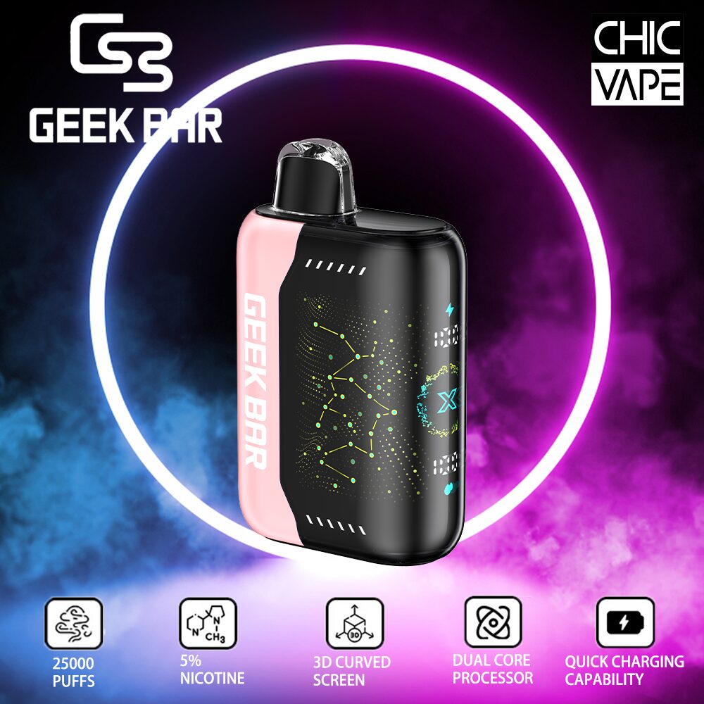 Geek Bar Chic Vape device with a sleek design, 3D curved screen, dual core processor, quick charging capability, 25000 puffs, and 5% nicotine, set against a dark smoky background with a white and pink glowing ring.