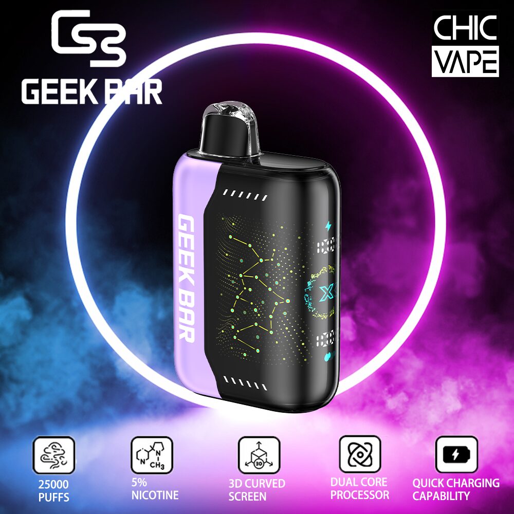Geek Bar vape device with a purple and black design, featuring 25000 puffs, 5% nicotine, 3D curved screen, dual core processor, and quick charging capability. Background includes purple and blue smoke with a glowing ring and logos for Geek Bar and Chic Vape.