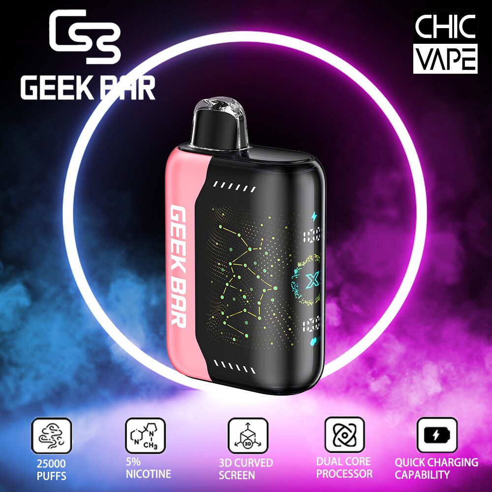 Geek Bar Chic Vape device with 25,000 puffs, 5% nicotine, 3D curved screen, dual-core processor, and quick charging capability.