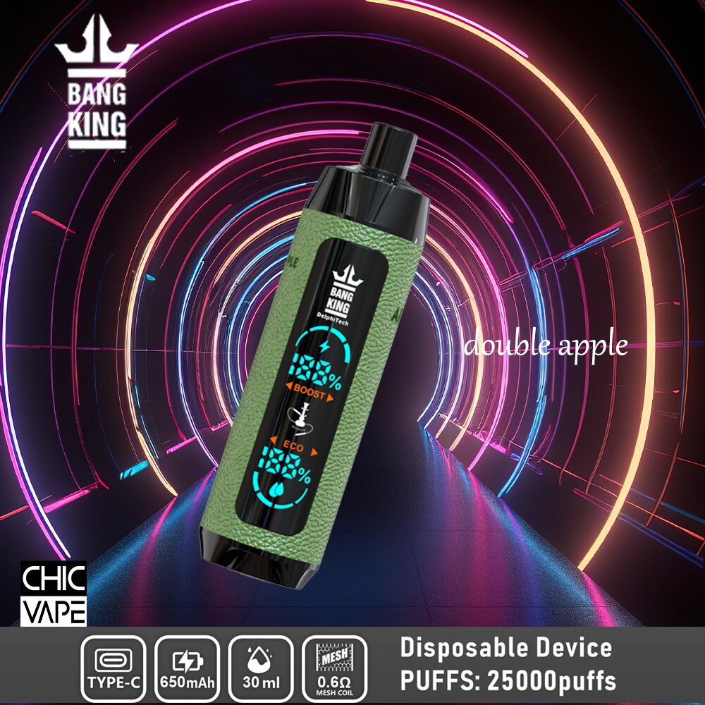 A disposable vape device with a green textured exterior, digital display showing battery percentage, boost and eco modes, labeled "Bang King Double Apple," offering 25,000 puffs, 650mAh battery, 30ml capacity, Type-C charging, and 0.6Ω mesh coil.