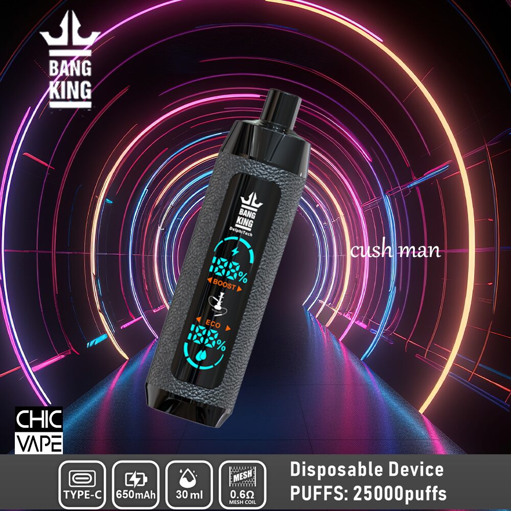 Bang King disposable vape device with 650mAh battery, 30ml e-liquid capacity, 0.6Ω mesh coil, and up to 25,000 puffs, featuring Boost and Eco modes displayed on a digital screen, shown with a neon-lit tunnel background.