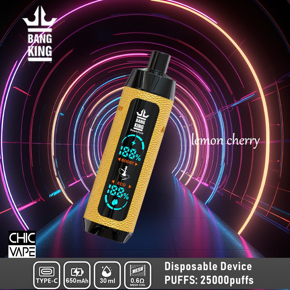 A disposable vape device with a yellow textured body labeled "BANG KING" in lemon cherry flavor, displaying 25000 puffs, 650mAh battery, Type-C charging, 30ml capacity, and 0.6Ω mesh coil. The background is a neon-lit tunnel.